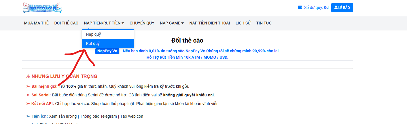 Trang rút tiền trên nappay.vn