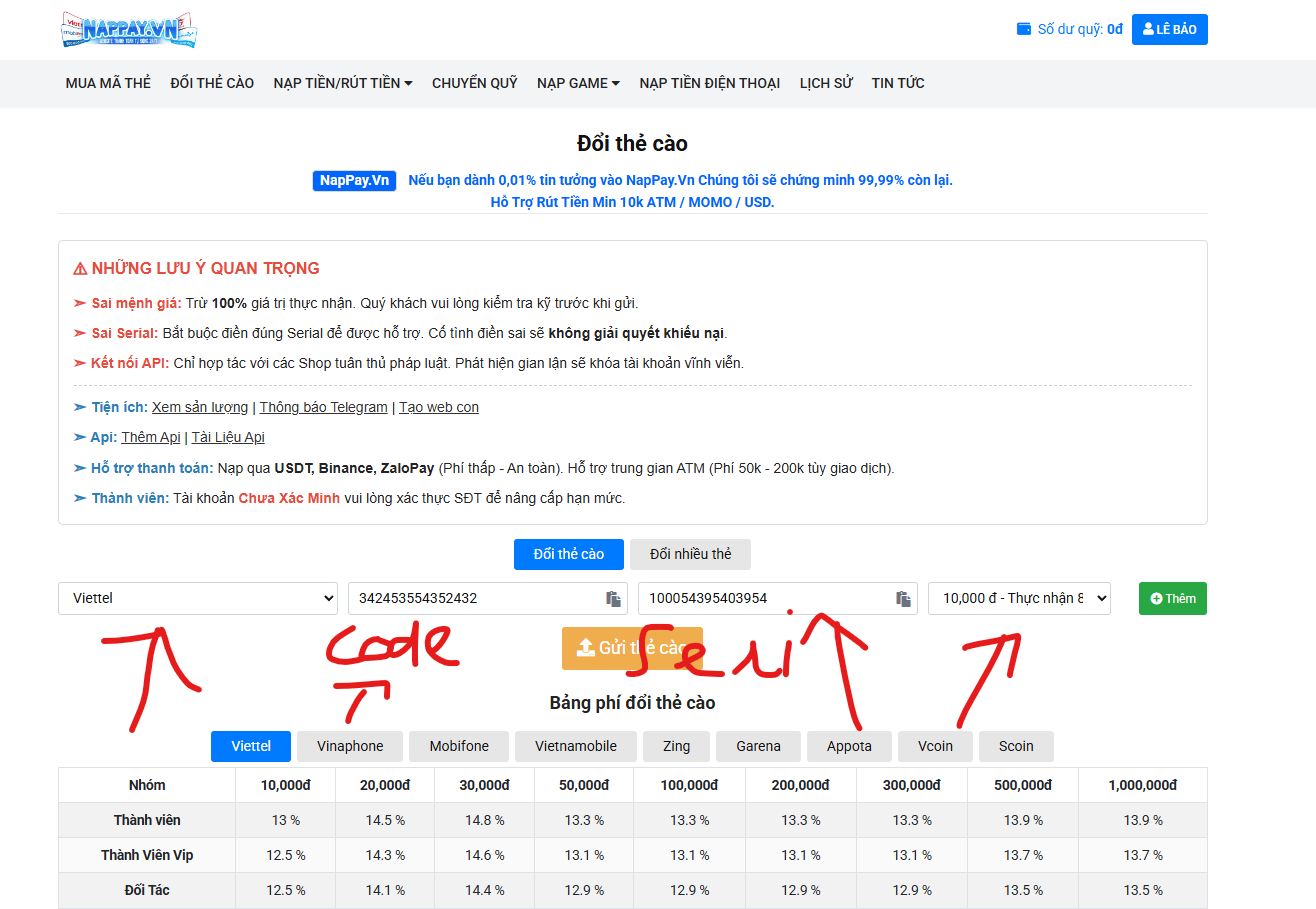 Giao diện đổi thẻ cào nappay.vn